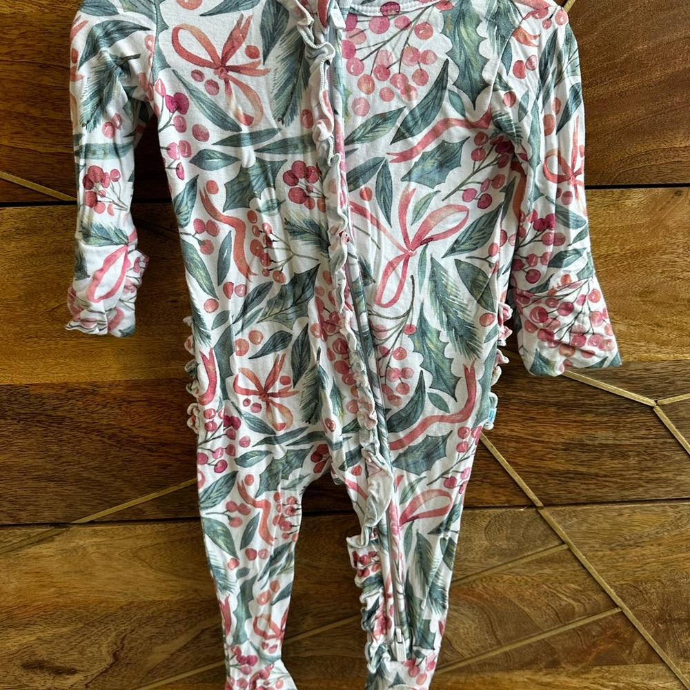 Posh Peanut Holly Day Pink and Green Berry Print Footie for Christmas